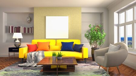 mock up poster frame in interior background. 3D Illustration