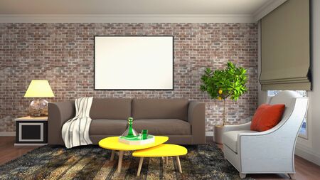 mock up poster frame in interior background. 3D Illustration