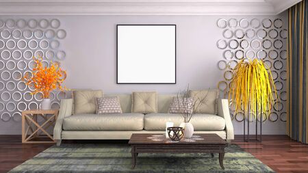 mock up poster frame in interior background. 3D Illustration