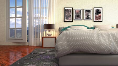 Bedroom interior. Bed. 3d illustration.