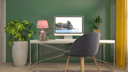 Computer on office table. 3d illustration.