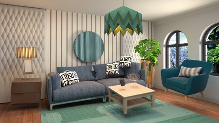 Zero Gravity Sofa hovering in living room. 3D Illustration
