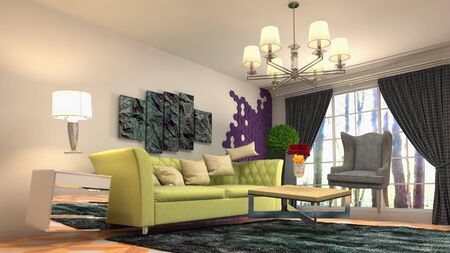 Zero Gravity Sofa hovering in living room. 3D Illustration