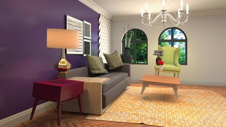 Zero Gravity Sofa hovering in living room. 3D Illustration