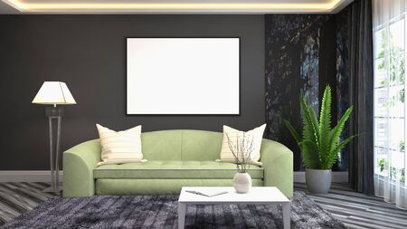 mock up poster frame in interior background. 3D Illustration