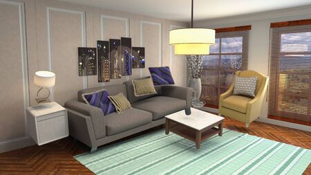 Zero Gravity Sofa hovering in living room. 3D Illustration