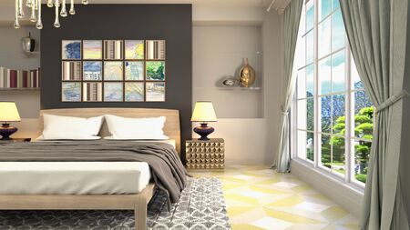Bedroom interior. Bed. 3d illustration.