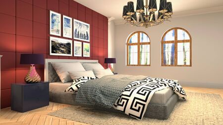 Bedroom interior. Bed. 3d illustration.