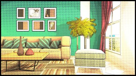 Comics interior of the living room. 3D illustration.