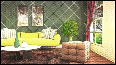 Comics interior of the living room. 3D illustration.