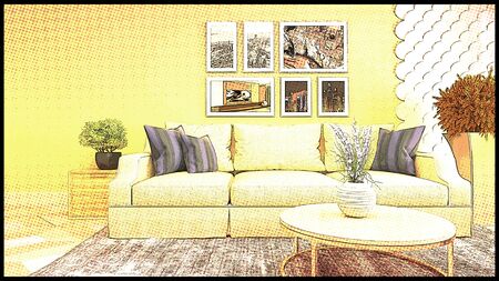 Comics interior of the living room. 3D illustration.