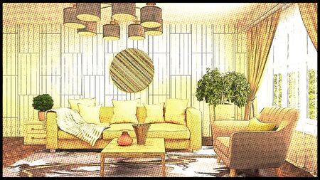 Comics interior of the living room. 3D illustration.の写真素材