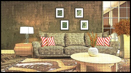 Comics interior of the living room. 3D illustration.