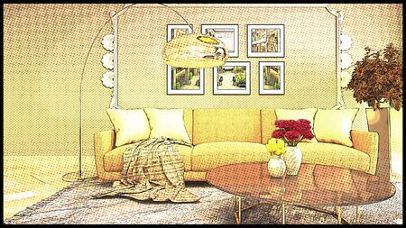 Comics interior of the living room. 3D illustration.