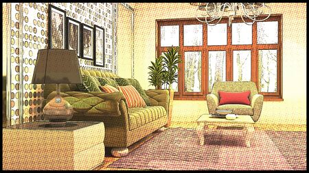 Comics interior of the living room. 3D illustration.