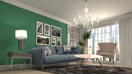 Zero Gravity Sofa hovering in living room. 3D Illustration.