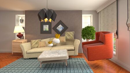 Zero Gravity Sofa hovering in living room. 3D Illustration.