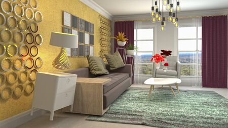 Zero Gravity Sofa hovering in living room. 3D Illustration.の写真素材