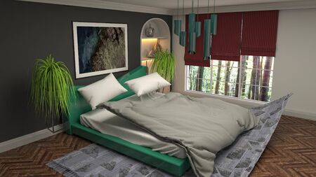 Zero gravity bed hovering in bedroom. 3D Illustration.の写真素材