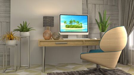Computer on office table. 3d illustration.
