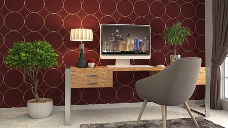Computer on office table. 3d illustration.