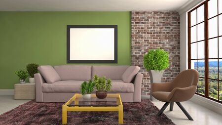 mock up poster frame in interior background. 3D Illustration.
