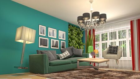 Zero Gravity Sofa hovering in living room. 3D Illustration.