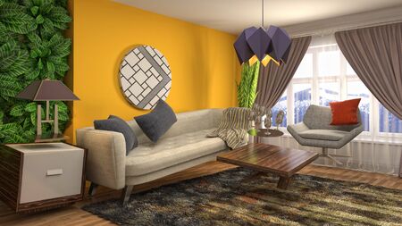 Zero Gravity Sofa hovering in living room. 3D Illustration.
