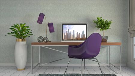 Computer on office table. 3d illustration.