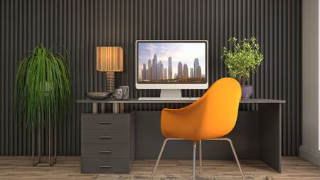 Computer on office table. 3d illustration.