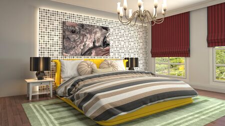 Bedroom interior. Bed. 3d illustration.