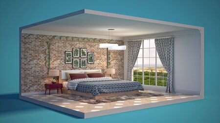 Interior of the bedroom in a box. 3D illustration.の写真素材