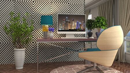 Computer on office table. 3d illustration.