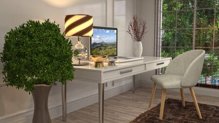 Computer on office table. 3d illustration.