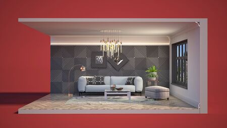 Interior of the living room in a box. 3D illustration.の写真素材