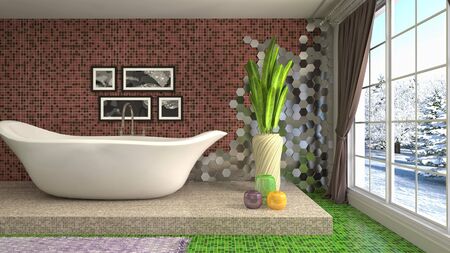 Bathroom interior. 3D illustration. Bath.