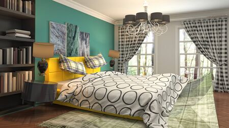Zero gravity bed hovering in bedroom. 3D Illustration.