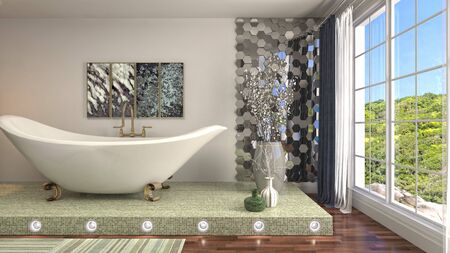 Bathroom interior. 3D illustration. Bath.