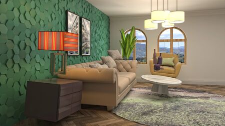 Zero Gravity Sofa hovering in living room. 3D Illustration.
