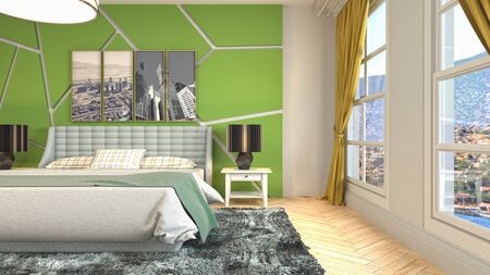 Bedroom interior. Bed. 3d illustration.