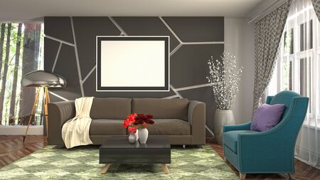 mock up poster frame in interior background. 3D Illustration.