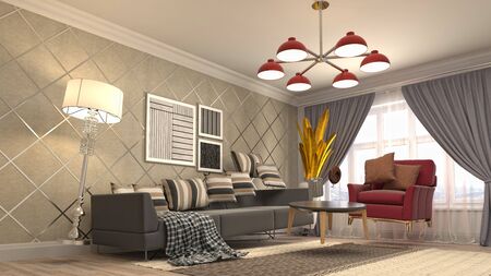 Zero Gravity Sofa hovering in living room. 3D Illustration.