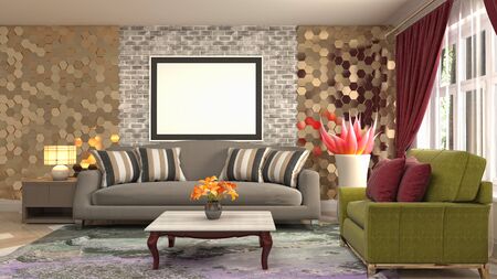 mock up poster frame in interior background. 3D Illustration.
