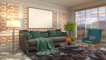 mock up poster frame in interior background. 3D Illustration.