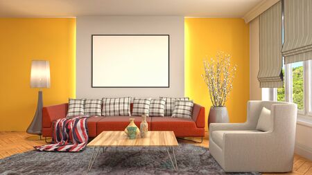 mock up poster frame in interior background. 3D Illustration.