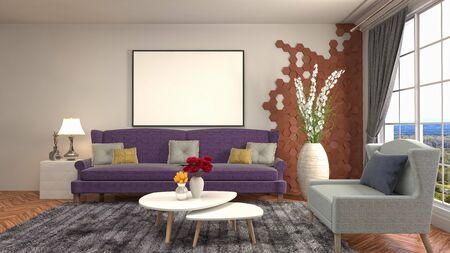mock up poster frame in interior background. 3D Illustration.