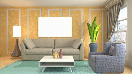mock up poster frame in interior background. 3D Illustration.
