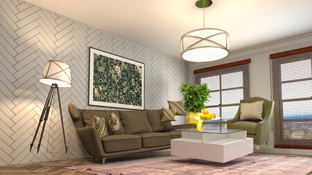 Zero Gravity Sofa hovering in living room. 3D Illustration.