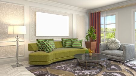 mock up poster frame in interior background. 3D Illustration.
