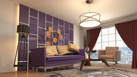 Zero Gravity Sofa hovering in living room. 3D Illustration.